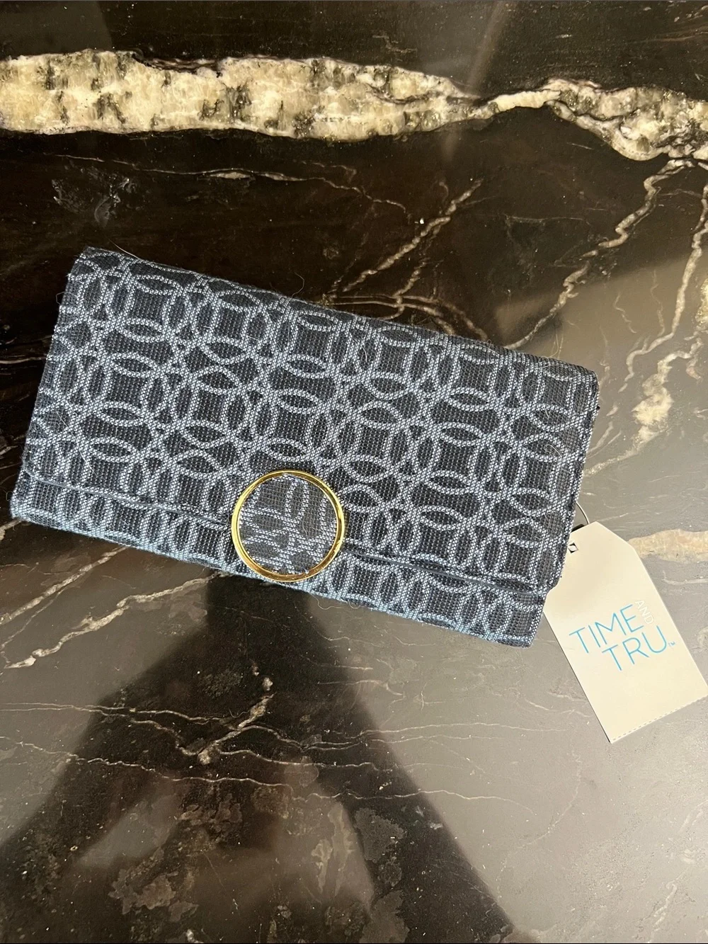 Time and Tru Navy Patterned Clutch with Gold Ring